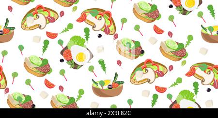 Sandwichs avec pain, oeuf, champignon, légumes verts, poivron, tomate, légumes tranchés. Nourriture d'apéritif sur le motif blanc sans couture. En-cas. Restauration rapide. COO Illustration de Vecteur