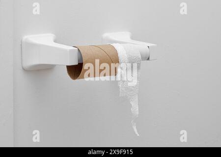 Rouleau de papier toilette vide sur le support dans la salle de bain Banque D'Images