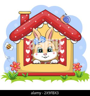 Lapin de dessin animé mignon dans une maison jaune avec un toit rouge. Illustration vectorielle sur un fond bleu. Illustration de Vecteur