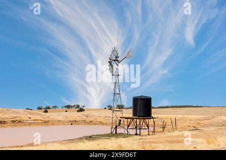 Ancien moulin à vent en métal dans le paysage rural de l'outback, Australie occidentale, Australie Banque D'Images