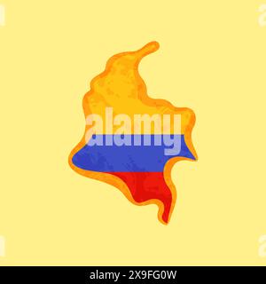 Carte de Colombie colorée avec le drapeau colombien et marquée avec une ligne dorée dans le style vintage grunge. Illustration de Vecteur