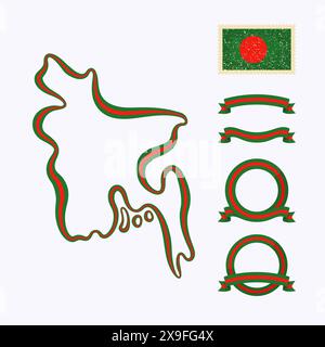 Plan du Bangladesh. La bordure est marquée avec un ruban dans les couleurs nationales. Le paquet contient des cadres dans les couleurs nationales et timbre avec drapeau. Illustration de Vecteur