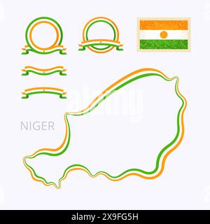 Plan du Niger. La bordure est marquée avec un ruban dans les couleurs nationales. Le paquet contient des cadres dans les couleurs nationales et timbre avec drapeau. Illustration de Vecteur