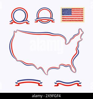 Carte des États-Unis. La bordure est marquée avec un ruban dans les couleurs nationales. Le paquet contient un tampon avec drapeau et cadres. Le fichier est créé avec le n° Illustration de Vecteur
