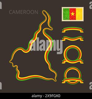 Plan du Cameroun. La bordure est marquée avec un ruban dans les couleurs nationales. Le paquet contient des cadres dans les couleurs nationales et timbre avec drapeau. Illustration de Vecteur