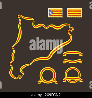 Plan de la Catalogne. La bordure est marquée avec un ruban dans les couleurs nationales. Le paquet contient des cadres dans les couleurs nationales et timbre avec drapeau. Illustration de Vecteur