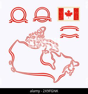 Carte du Canada. La bordure est marquée avec un ruban dans les couleurs nationales. Le paquet contient un tampon avec drapeau et cadres. Le fichier est créé avec Illustration de Vecteur