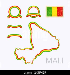 Plan du Mali. La bordure est marquée avec un ruban dans les couleurs nationales. Le paquet contient des cadres dans les couleurs nationales et timbre avec drapeau. Illustration de Vecteur