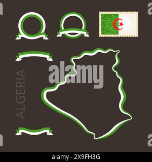 Plan de l'Algérie. La bordure est marquée avec un ruban dans les couleurs nationales. Le paquet contient des cadres dans les couleurs nationales et timbre avec drapeau. Illustration de Vecteur