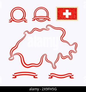 Plan de la Suisse. La bordure est marquée avec un ruban dans les couleurs nationales. Le paquet contient un tampon avec drapeau et cadres. Le fichier est créé Illustration de Vecteur