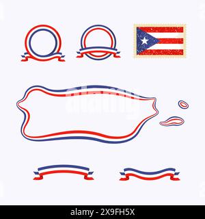 Plan de Porto Rico. La bordure est marquée avec un ruban dans les couleurs nationales. Le paquet contient un tampon avec drapeau et cadres. Le fichier est créé Illustration de Vecteur