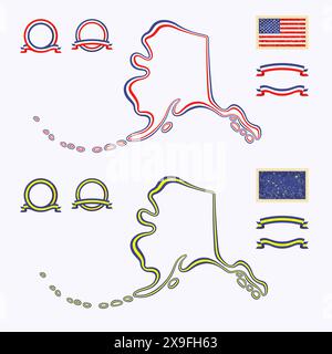 Plan de l'Alaska (USA). La bordure est marquée avec un ruban dans les couleurs nationales. Le paquet contient un tampon avec drapeau et cadres. Le dossier est fou Illustration de Vecteur
