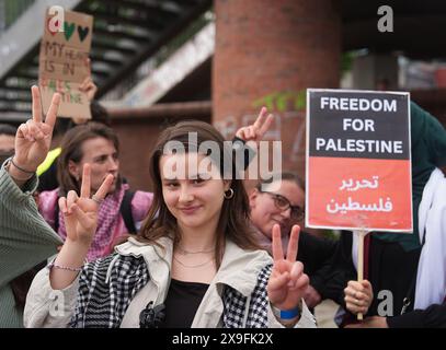 Hambourg, Allemagne. 31 mai 2024. Des manifestants pro-palestiniens brandissent des affiches au marché aux poissons de Pauli avant le début de la tournée électorale européenne de Bündnis 90/Die Grünen. Les élections européennes ont lieu le 9 juin. Crédit : Marcus Brandt/dpa/Alamy Live News Banque D'Images