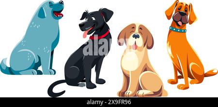 Quatre chiens de dessins animés en rangée, bleu Terre-Neuve, noir Labrador Retriever, Saint Bernard, orange Boxer Illustration de Vecteur