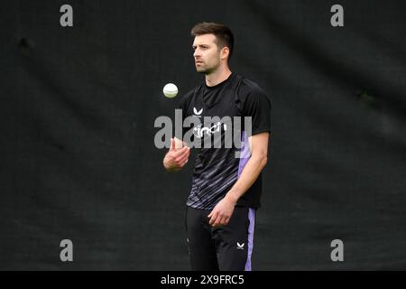 Photo du dossier datée du 24-05-2024 de l'anglais Mark Wood, qui, selon Liam Livingstone, peut leur donner un « avantage supplémentaire » lorsqu'ils débuteront leur défense en Coupe du monde T20 dans les Caraïbes la semaine prochaine. Date d'émission : vendredi 31 mai 2024. Banque D'Images