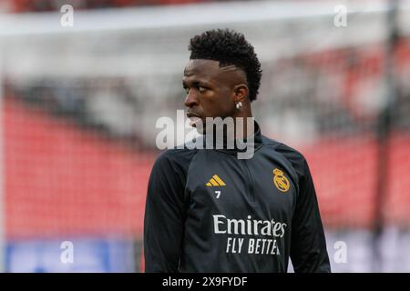 Vinicius Junior lors de l'entraînement officiel avant le match final de l'UEFA Champions League 2024 entre le Borussia Dortmund et le Real Madrid au stade de Wembley, Banque D'Images