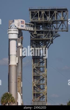 Cap Canaveral, États-Unis. 31 mai 2024. Lors de la configuration de la caméra à distance le 31 mai sur le complexe de lancement SLC-41 ULA NASA Boeing Atlas V avec capsule d'équipage Calypso est prêt pour la 2ème tentative de lancement CFT à 12h25 HAE 1er juin 2024 Cape Canaveral Florida Brevard County USA (photo par Scott Schilke/Sipa USA) crédit : Sipa USA/Alamy Live News Banque D'Images