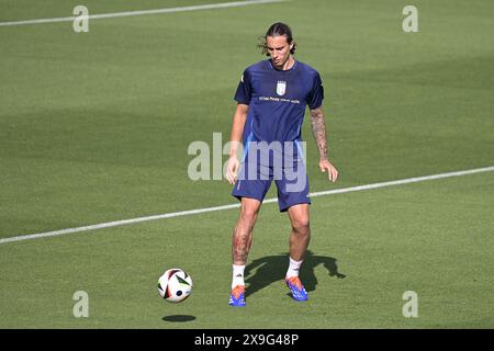 Centre technique fédéral, Coverciano, Italie. 31 mai 2024. Camp d'entraînement de football italien avant les amitiés contre la Bosnie et la Turquie, Florence, Italie ; Riccardo Calafiori d'Italie crédit : action plus Sports/Alamy Live News Banque D'Images