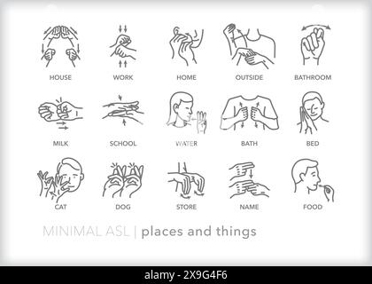 Ensemble d'icônes de ligne représentant la communication en langue des signes américaine (ASL) pour les lieux et les choses Illustration de Vecteur