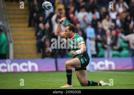 Northampton, Royaume-Uni. 31 mai 2024. Burger Odendaal de Northampton Saints célèbre son essai lors du match de demi-finale de première classe Gallagher Northampton Saints vs Saracens au Cinch Stadium à Franklin's Gardens, Northampton, Royaume-Uni, le 31 mai 2024 (photo par Gareth Evans/News images) à Northampton, Royaume-Uni le 31/05/2024. (Photo de Gareth Evans/News images/SIPA USA) crédit : SIPA USA/Alamy Live News Banque D'Images