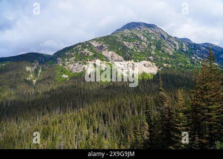 Montagnes du lieu historique national de la piste Chilkoot en Colombie-Britannique, au Canada, vues depuis le chemin de fer White Pass and Yukon route Banque D'Images