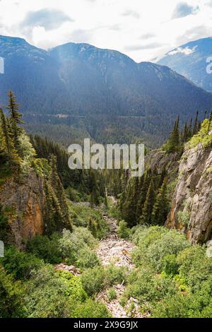 Montagnes du lieu historique national de la piste Chilkoot en Colombie-Britannique, au Canada, vues depuis le chemin de fer White Pass and Yukon route Banque D'Images