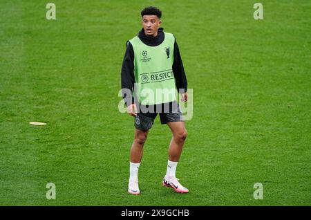 Jaydon Sancho du Borussia Dortmund lors d'une séance d'entraînement au stade de Wembley à Londres, avant la finale de la Ligue des Champions samedi 1er juin. Date de la photo : vendredi 31 mai 2024. Banque D'Images