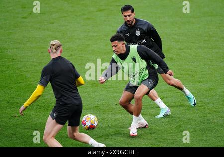 Jaydon Sancho du Borussia Dortmund lors d'une séance d'entraînement au stade de Wembley à Londres, avant la finale de la Ligue des Champions samedi 1er juin. Date de la photo : vendredi 31 mai 2024. Banque D'Images