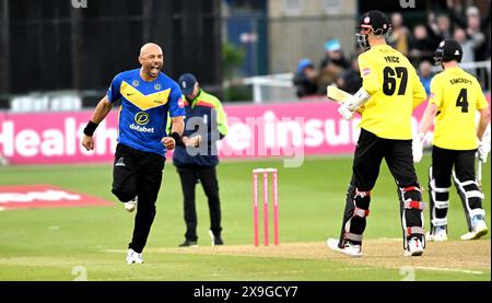 Hove Royaume-Uni 31 mai 2024 - Tymal Mills of Sussex Sharks célèbre alors qu'il capture le guichet d'Ollie Price du Gloucestershire pour 7 courses pendant le match de cricket Vitality T20 Blast entre Sussex Sharks et Gloucestershire au 1er Central County Ground à Hove : crédit Simon Dack /TPI/ Alamy Live News Banque D'Images