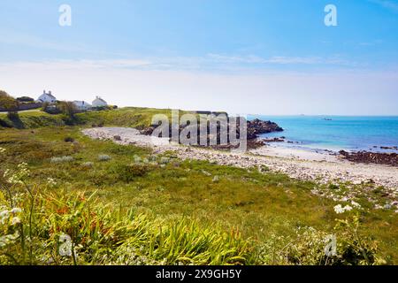 Image d'Alderney Beach au nord de l'île avec Fort Doyle en arrière-plan. Banque D'Images