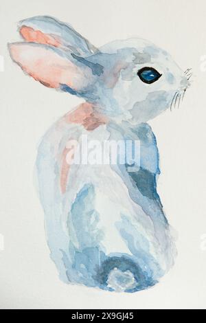 Illustration de lapin gris mignon avec des oreilles roses. Aquarelle avec fond blanc Banque D'Images