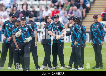 Worcestershire Celebrate Wicket #2 pris à Worcester, Royaume-Uni lors du match Vitality Blast entre Worcestershire Rapids et Lancashire Lightning le 31 mai 2024, au Worcestershire County Cricket Club, New Road, Worcester Banque D'Images