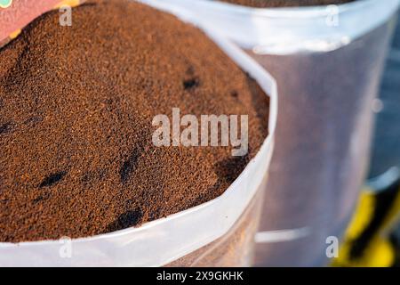 Vue rapprochée de graines d'ajwain dans des récipients transparents sur un marché aux épices, mettant en valeur leur texture riche et leurs tons terreux Banque D'Images