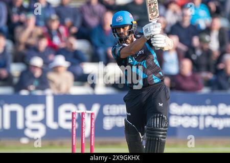 Brett D'Oliveira en action à Worcester, Royaume-Uni lors du match Vitality Blast entre Worcestershire Rapids et Lancashire Lightning le 31 mai 2024, au Worcestershire County Cricket Club, New Road, Worcester Banque D'Images