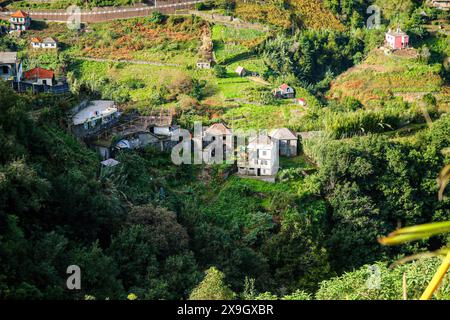 Maisons traditionnelles à flanc de colline à Boaventura, un village dans une vallée de la côte nord de l'île de Madère (Portugal) dans l'océan Atlantique Banque D'Images