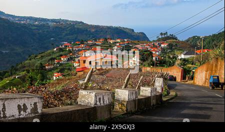 Maisons traditionnelles à flanc de colline à Santana, un village sur la côte nord de l'île de Madère (Portugal) dans l'océan Atlantique Banque D'Images