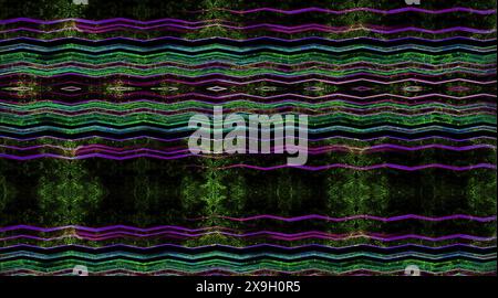 Art numérique abstrait avec des lignes ondulées en violet et vert sur un fond noir avec des motifs symétriques Banque D'Images