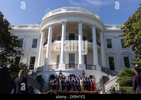 Washington, États-Unis. 31 mai 2024. Le président AMÉRICAIN Joe Biden (C) prend la parole lors d'une cérémonie accueillant les Chiefs de Kansas City à la Maison Blanche pour célébrer leur saison de championnat et leur victoire au Super Bowl LVIII, sur la pelouse sud de la Maison Blanche à Washington, DC, États-Unis, 31 mai 2024. Crédit : Abaca Press/Alamy Live News Banque D'Images