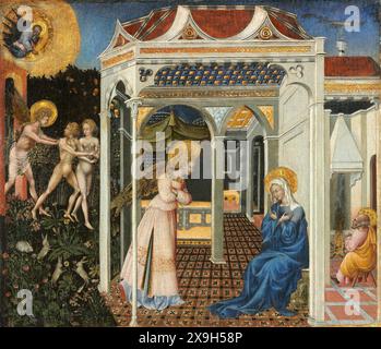 Peinture de l'Annonciation et de l'expulsion du Paradis, c. 1435 par l'artiste peintre italien siennois Giovanni di Paolo œuvre d'art religieux médiéval Banque D'Images