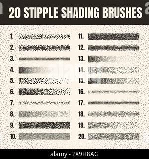 Pinceau dispersé à stipple, dessin à l'encre et texturation. Dégradé de fondu. Pointillés, dessin dotwork, ombrage à l'aide de points. Effet de désintégration des demi-tons Illustration de Vecteur
