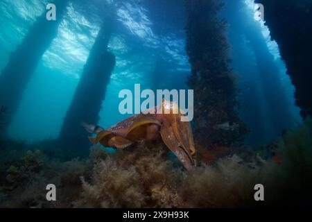 Seiches nageant dans l'eau sous une jetée. Banque D'Images