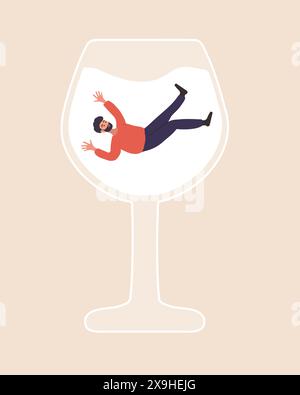 Alcoolisme masculin. Homme ivre nageant dans un verre de butin. Les gens qui souffrent de l'alcool dur. Trouble de la dépendance. Illustration vectorielle dans le dessin animé plat Illustration de Vecteur