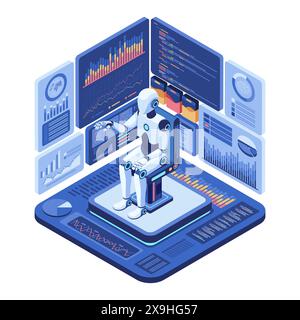 Robot ai isométrique plat 3D analysant des données financières complexes. Intelligence artificielle et concept d'apprentissage automatique. Illustration de Vecteur