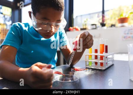 Biracial Boy participe à une expérience scientifique à l'école dans la salle de classe. Portant des lunettes de sécurité, il manipule soigneusement les tubes à essai et les pipettes. Banque D'Images