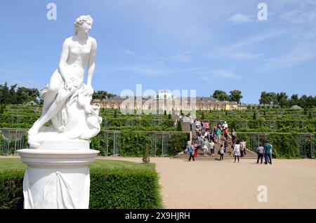 02.07.2012 Schloss Sanssouci Deutschland/ Land Brandenburg/ Potsdam/ Park Sanssouci/ Schloss Sanssouci/ Rokoko Stil/ Hohenzollernschloss/ Besucher/ Publikum/ Touristen/ Treppe/ Weinstöcke/ links im Bild eine Skulptur, Statue, Plastik/ ***nutzung nur redaktionell***/ *** 02 07 2012 Palais de Sanssouci Allemagne Land Brandebourg Potsdam Parc de Sanssouci Palais de Sanssouci style rococo Hohenzollern Palace visiteurs spectateurs touristes escaliers vignes laissées dans l'image une sculpture, statue, plastique usage uniquement éditorial Banque D'Images