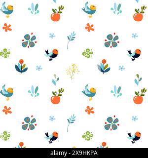 Modèle sans couture avec de petits oiseaux simples, des fleurs et des pommes rouges sur fond blanc papier peint et textiles papeterie, emballage, carnets scrapbooking. Design vectoriel plat touche fantaisiste avec ses éléments charmants.. Illustration de Vecteur