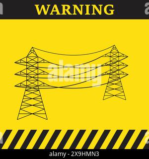 Symbole d'avertissement sur fond jaune avec lignes électriques et pylônes électriques Illustration de Vecteur