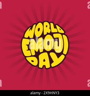 Logo World emoji Day avec texte rétro de style comique sur un cercle. Illustration vectorielle de typographie amusante de couleur jaune sur fond rouge. Affiche de jour emoji Illustration de Vecteur