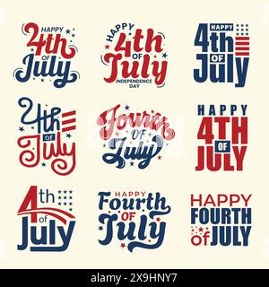 4 juillet dessins typographiques avec étoiles et drapeau américain. Texte de couleur rouge et bleue pour la célébration des fêtes du 4 juillet. Jour de l'INDÉPENDANCE DES ÉTATS-UNIS Illustration de Vecteur