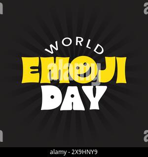 Logo de typographie vectorielle World Emoji day avec un emoji sourire sur le texte. Le jour des emoji est devenu un jour férié populaire pour faire des annonces de produits ou autres Illustration de Vecteur